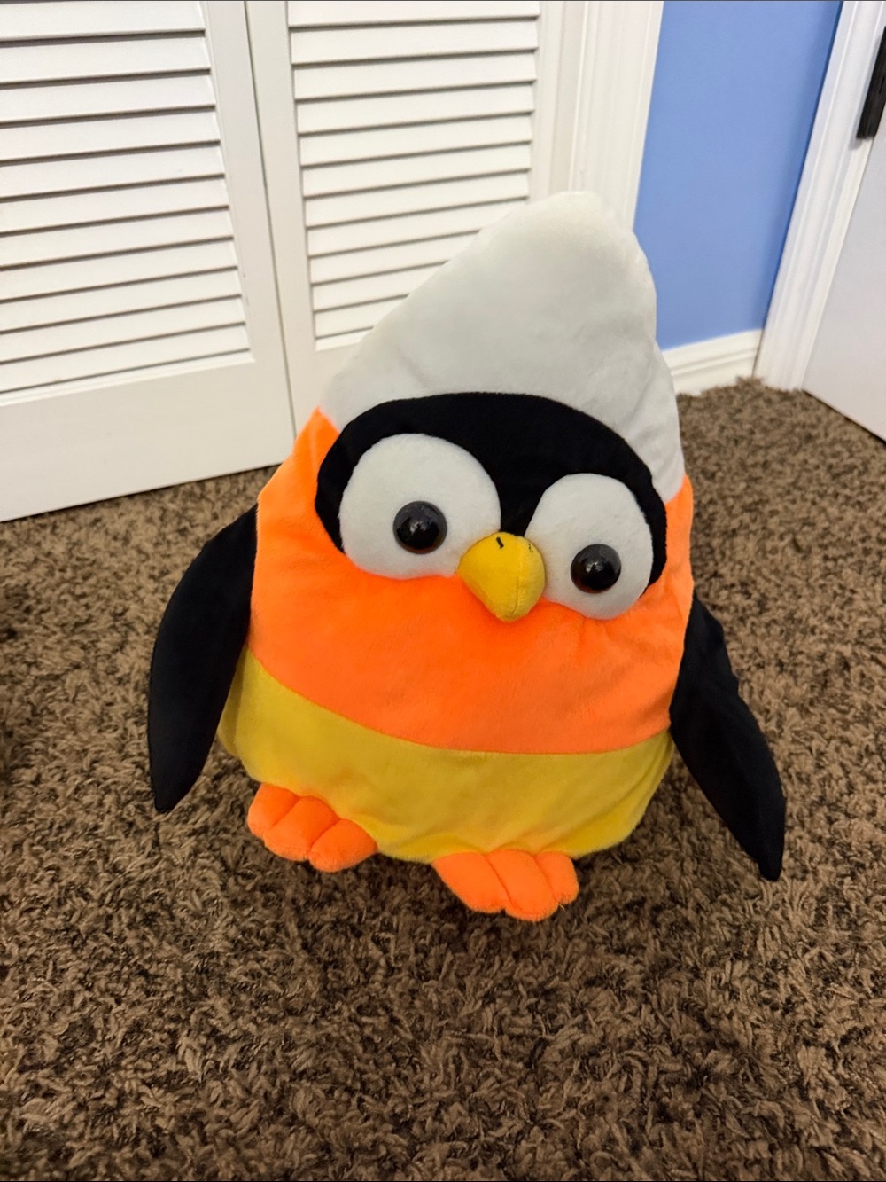 Plush Candy Corn Penguin Small Pet Toy - Orange, Yellow, Black, White